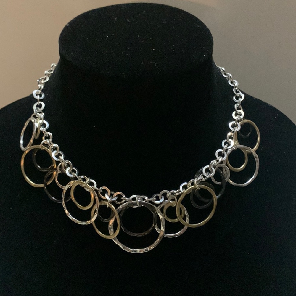 Ladies necklace, 16” long, black, gold, silver.